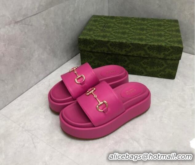 Lowest Price Gucci Leather Platform Slide Sandals with Horsebit Dark Pink 724101