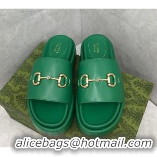 Best Price Gucci Leather Platform Slide Sandals with Horsebit Green 724102