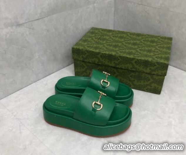 Best Price Gucci Leather Platform Slide Sandals with Horsebit Green 724102