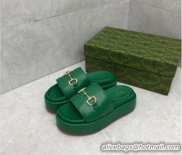 Best Price Gucci Leather Platform Slide Sandals with Horsebit Green 724102