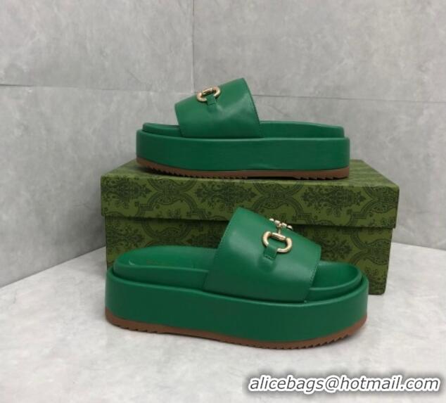 Best Price Gucci Leather Platform Slide Sandals with Horsebit Green 724102