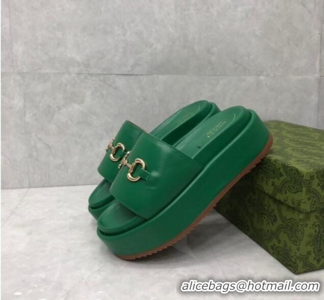 Best Price Gucci Leather Platform Slide Sandals with Horsebit Green 724102