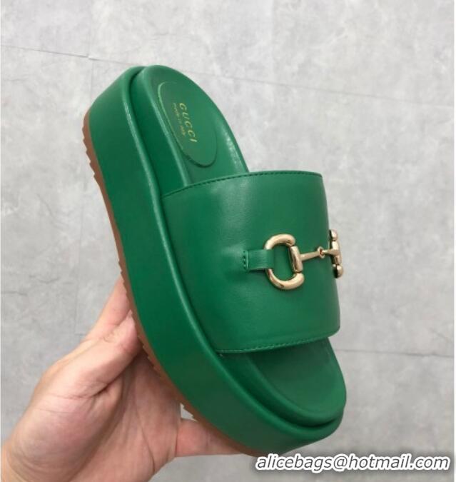 Best Price Gucci Leather Platform Slide Sandals with Horsebit Green 724102