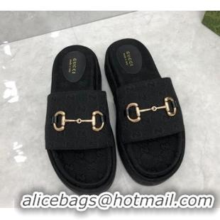 Best Price Gucci GG Canvas Platform Slide Sandals with Horsebit Black 724105