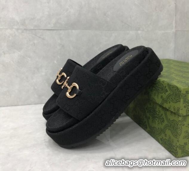 Best Price Gucci GG Canvas Platform Slide Sandals with Horsebit Black 724105