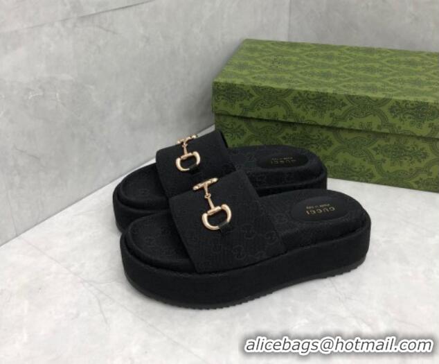 Best Price Gucci GG Canvas Platform Slide Sandals with Horsebit Black 724105