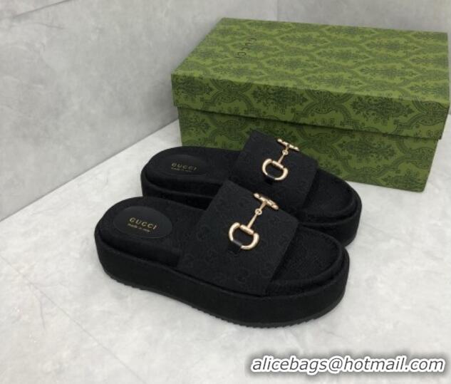 Best Price Gucci GG Canvas Platform Slide Sandals with Horsebit Black 724105