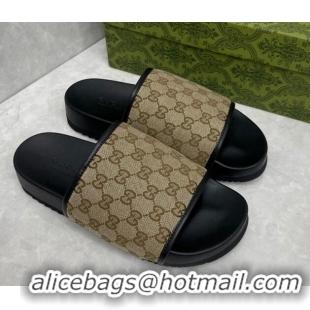 Low Cost Gucci GG Canvas Slide Sandals Beige/Black 724108