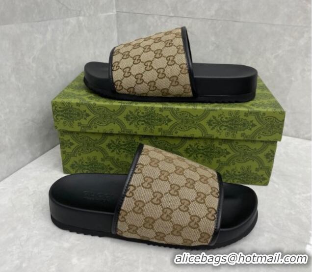 Low Cost Gucci GG Canvas Slide Sandals Beige/Black 724108