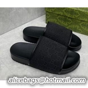 Top Grade Gucci Jumbo GG Canvas Slide Sandals All Black 724109