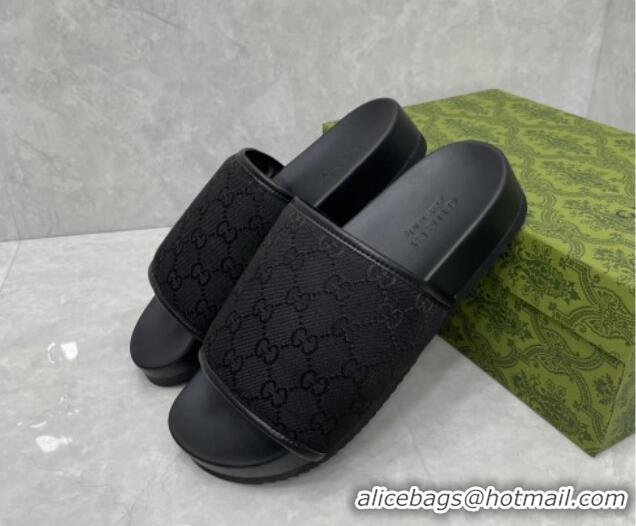 Top Grade Gucci Jumbo GG Canvas Slide Sandals All Black 724109