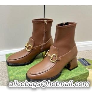 Unique Style Gucci Leather Short Boots with Horsebit 5.5cm Brown 724112