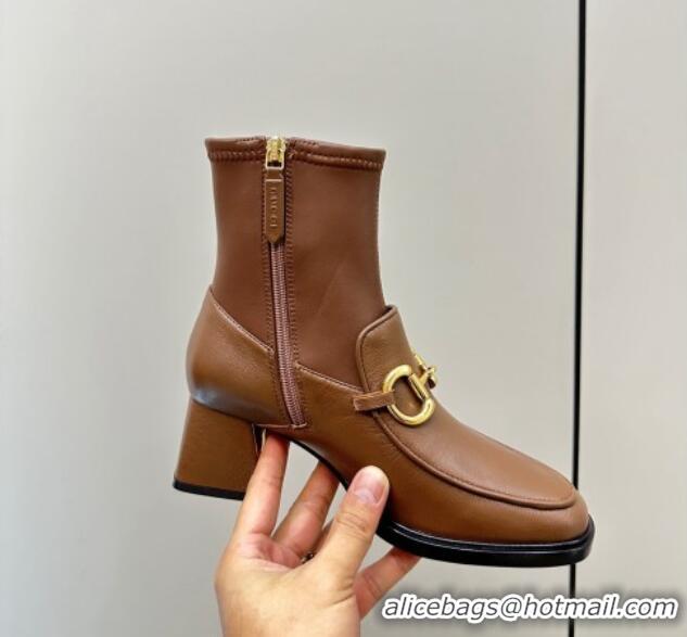 Unique Style Gucci Leather Short Boots with Horsebit 5.5cm Brown 724112