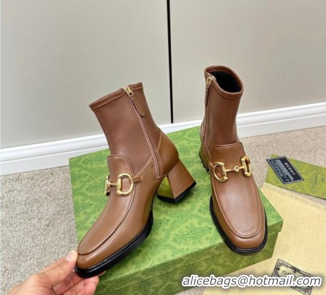 Unique Style Gucci Leather Short Boots with Horsebit 5.5cm Brown 724112