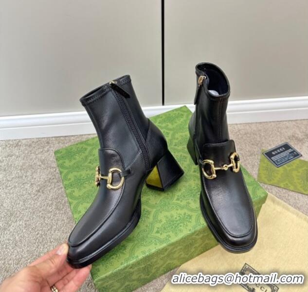 Popular Style Gucci Leather Short Boots with Horsebit 5.5cm Black 724113