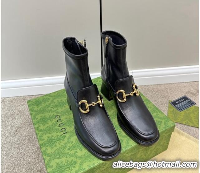 Popular Style Gucci Leather Short Boots with Horsebit 5.5cm Black 724113