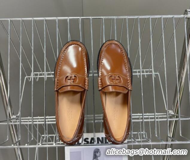 Good Quality Gucci Interlocking G Leather Loafers Brown 724114