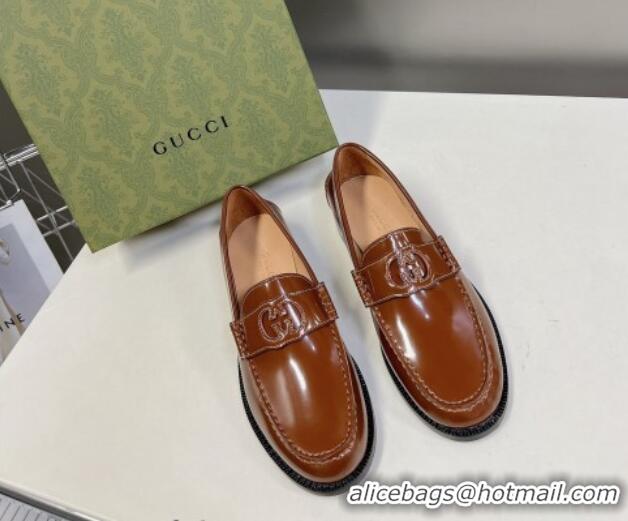 Good Quality Gucci Interlocking G Leather Loafers Brown 724114