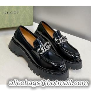 Lower Price Gucci Lug Sole Loafers with Interlocking G and Chain Black 724118