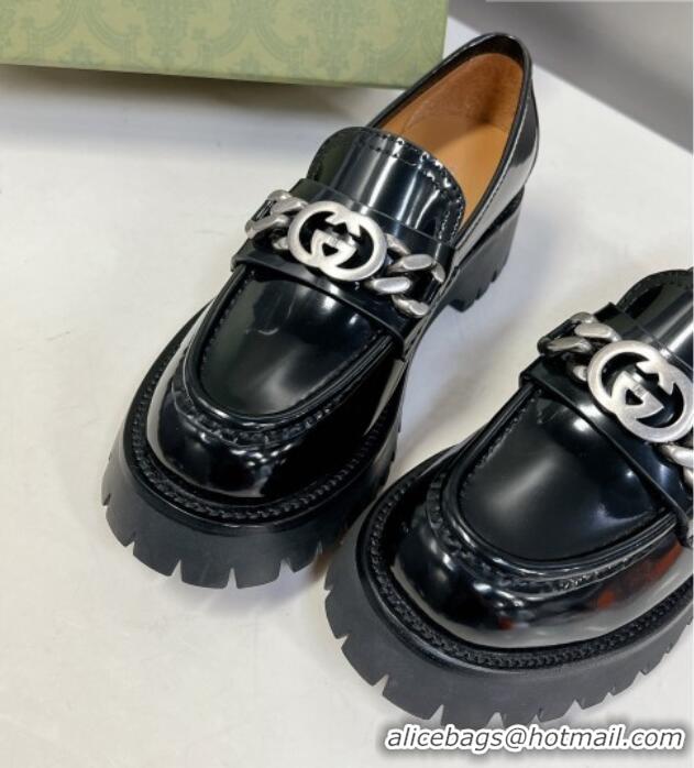 Lower Price Gucci Lug Sole Loafers with Interlocking G and Chain Black 724118