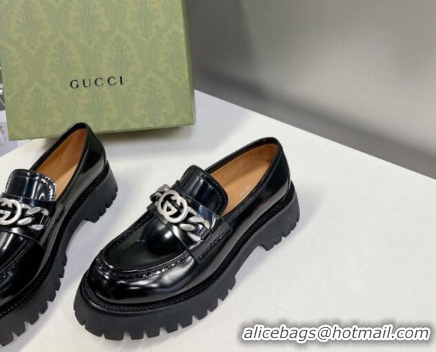 Lower Price Gucci Lug Sole Loafers with Interlocking G and Chain Black 724118