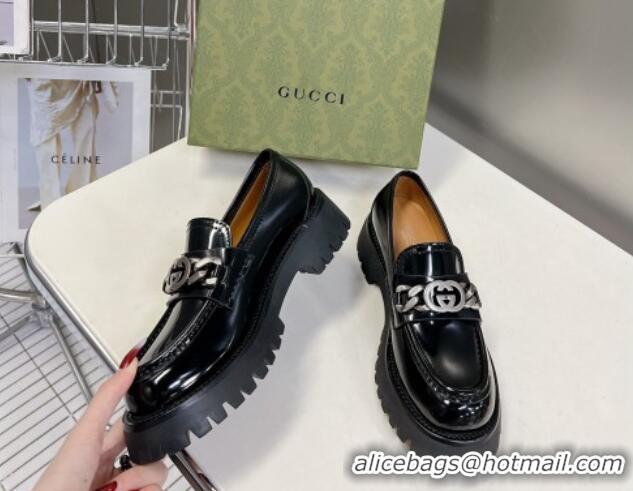 Lower Price Gucci Lug Sole Loafers with Interlocking G and Chain Black 724118