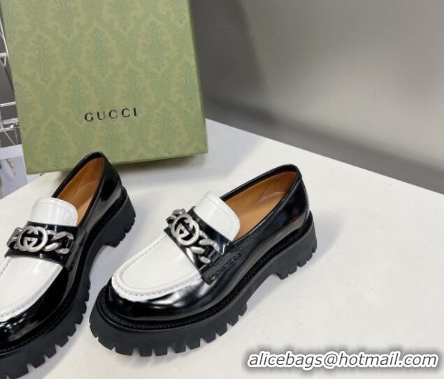 Best Grade Gucci Lug Sole Loafers with Interlocking G and Chain Black/White 724119