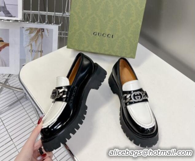 Best Grade Gucci Lug Sole Loafers with Interlocking G and Chain Black/White 724119