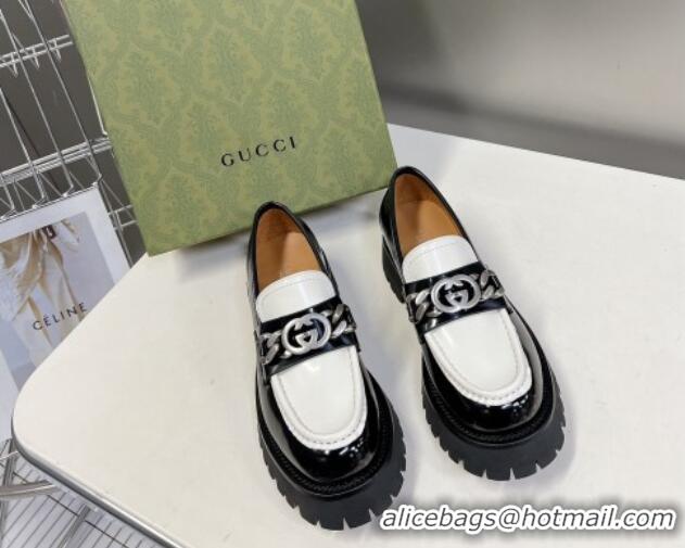 Best Grade Gucci Lug Sole Loafers with Interlocking G and Chain Black/White 724119