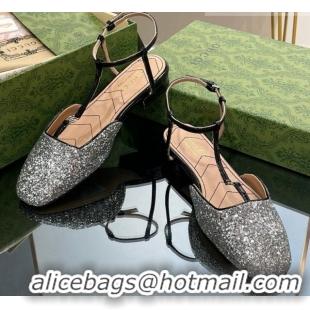 Cheap Price Gucci Double G Ballet Flat in Silver Glitter 724121