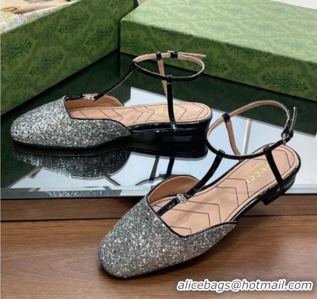 Cheap Price Gucci Double G Ballet Flat in Silver Glitter 724121