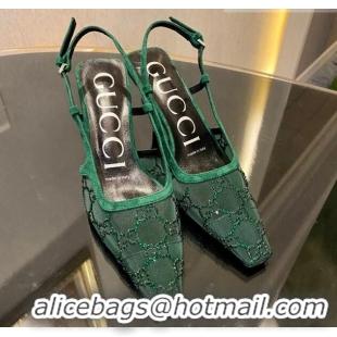 Luxurious Gucci Crystal GG Mesh and Suede Slingback Pumps 7.5cm Green 724124