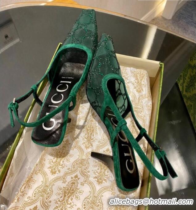 Luxurious Gucci Crystal GG Mesh and Suede Slingback Pumps 7.5cm Green 724124