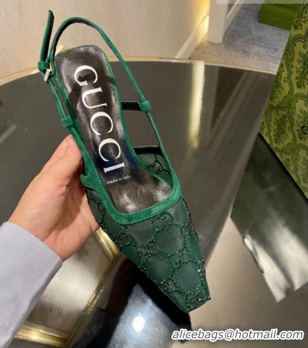 Luxurious Gucci Crystal GG Mesh and Suede Slingback Pumps 7.5cm Green 724124