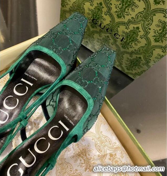 Luxurious Gucci Crystal GG Mesh and Suede Slingback Pumps 7.5cm Green 724124