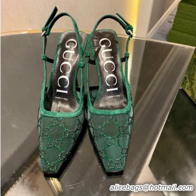 Luxurious Gucci Crystal GG Mesh and Suede Slingback Pumps 7.5cm Green 724124