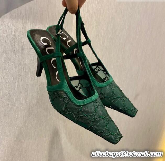 Luxurious Gucci Crystal GG Mesh and Suede Slingback Pumps 7.5cm Green 724124