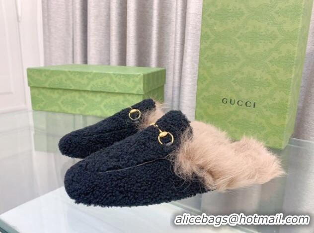 Popular Style Gucci Shearling Flat Slipper Black 728014