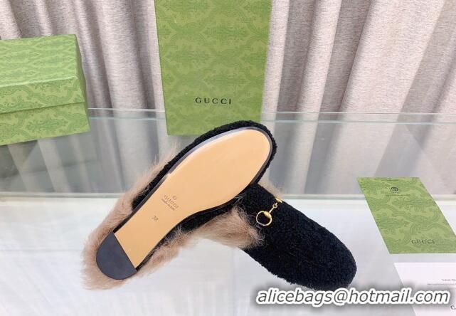 Popular Style Gucci Shearling Flat Slipper Black 728014