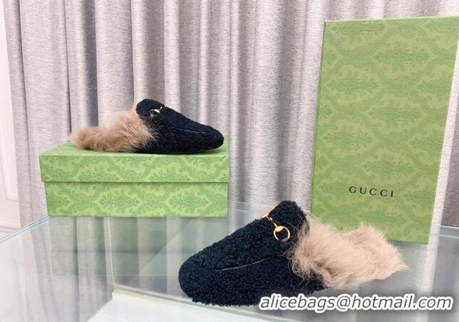 Popular Style Gucci Shearling Flat Slipper Black 728014