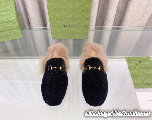 Popular Style Gucci Shearling Flat Slipper Black 728014