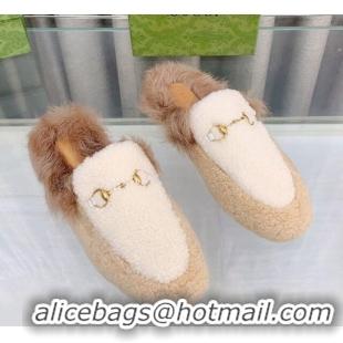 Top Design Gucci Shearling Flat Slipper White/Beige 728016