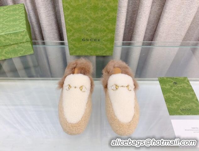 Top Design Gucci Shearling Flat Slipper White/Beige 728016