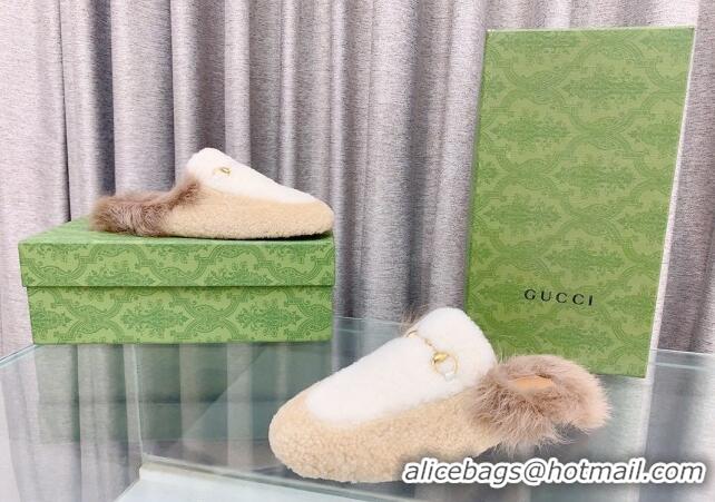 Top Design Gucci Shearling Flat Slipper White/Beige 728016