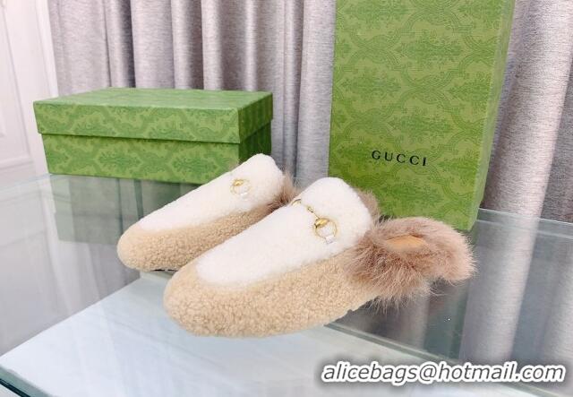 Top Design Gucci Shearling Flat Slipper White/Beige 728016