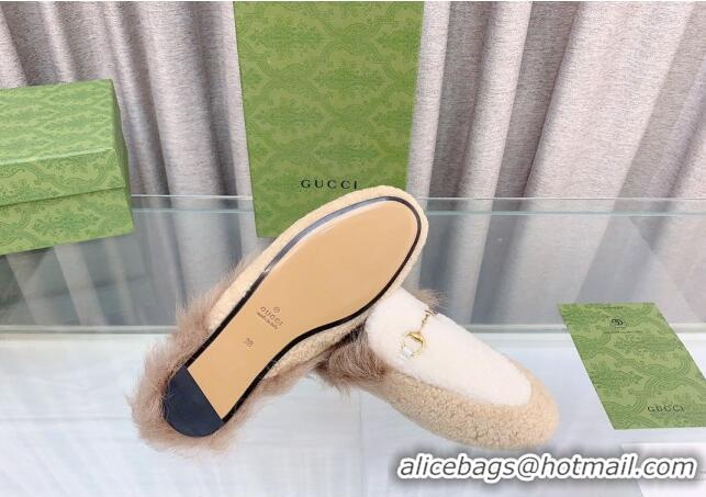 Top Design Gucci Shearling Flat Slipper White/Beige 728016