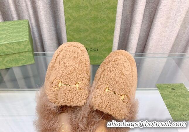 Trendy Design Gucci Shearling Flat Slipper Camel Brown 728017