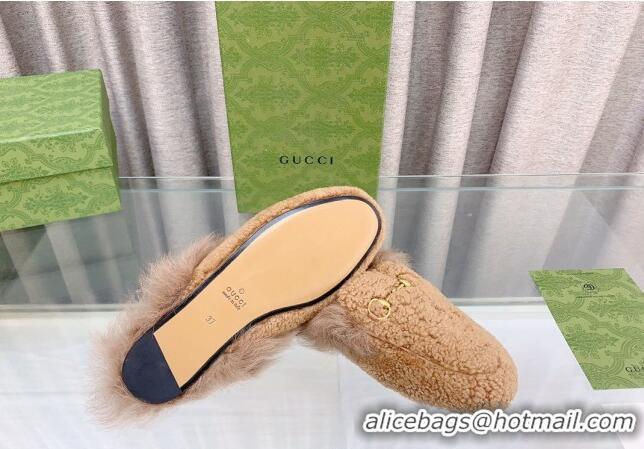 Trendy Design Gucci Shearling Flat Slipper Camel Brown 728017