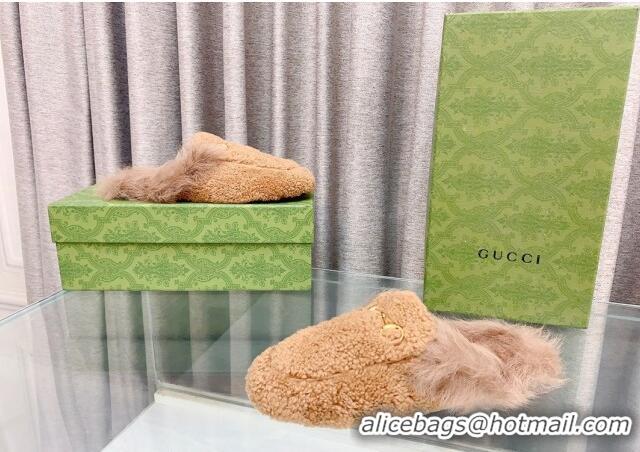 Trendy Design Gucci Shearling Flat Slipper Camel Brown 728017