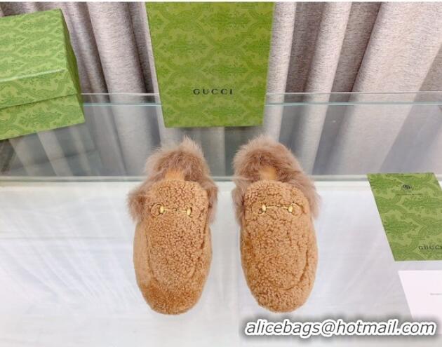 Trendy Design Gucci Shearling Flat Slipper Camel Brown 728017